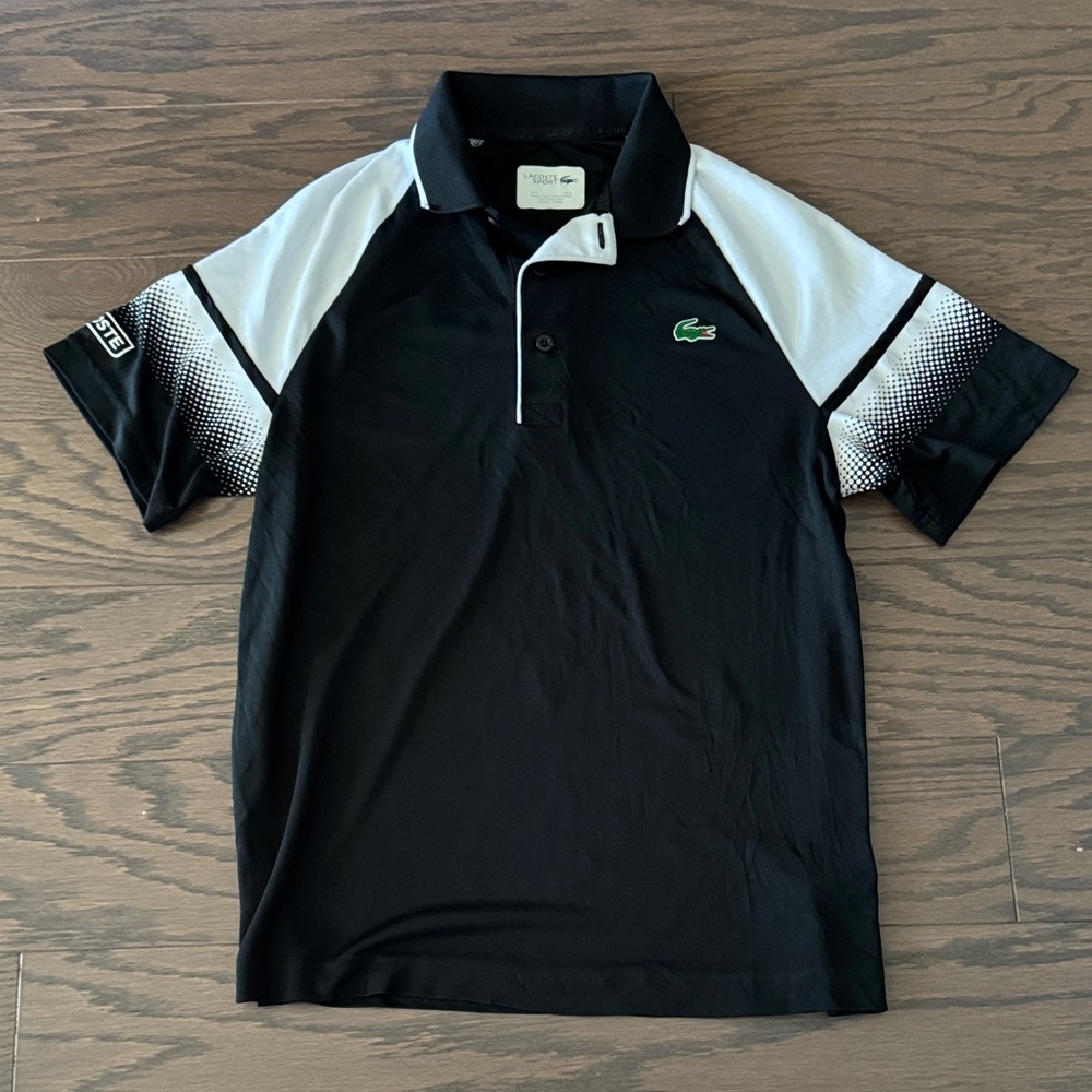 Lacoste Men's Sport Ultra Dry Polo in black and white with a gradient print